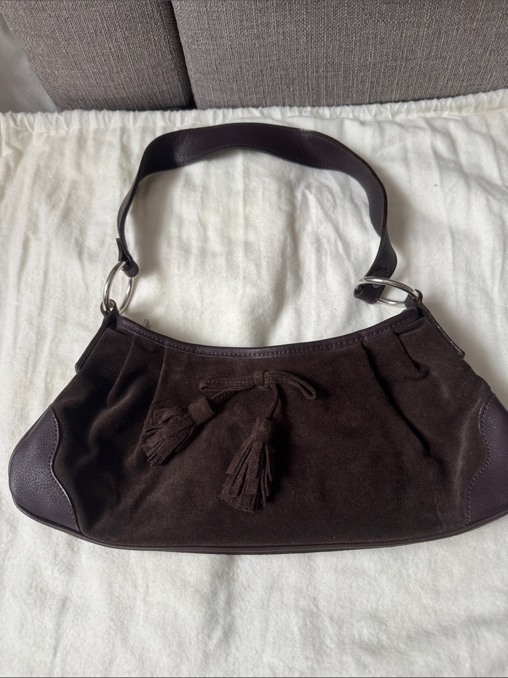 Tassel-Accent Suede Shoulder Bag in Dark Brown